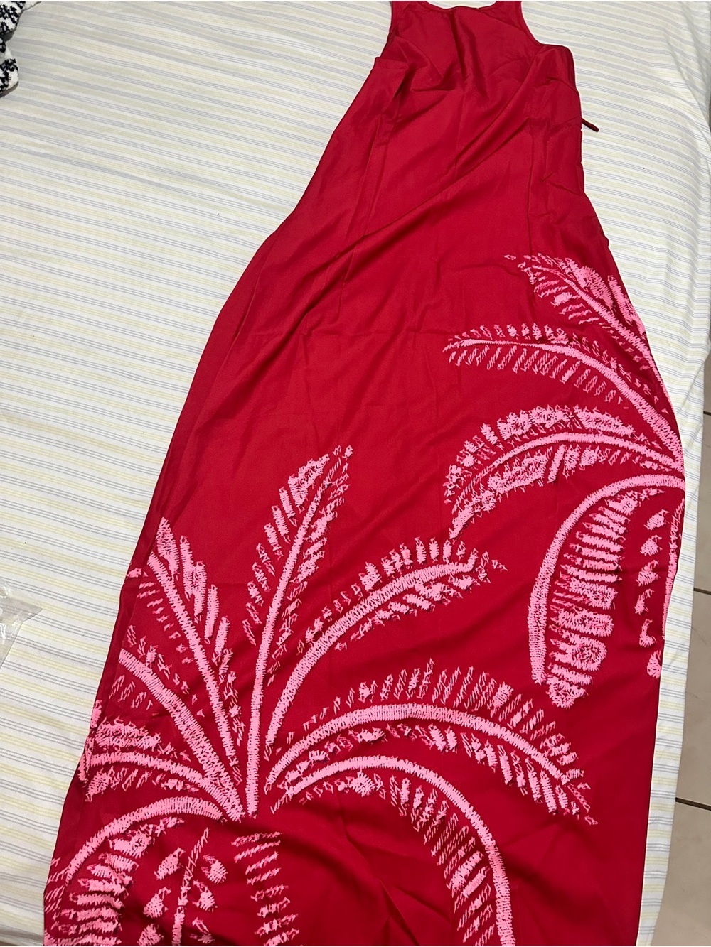 Red Sleeveless Maxi Dress with Pink Palm Print - Picture 8 of 9